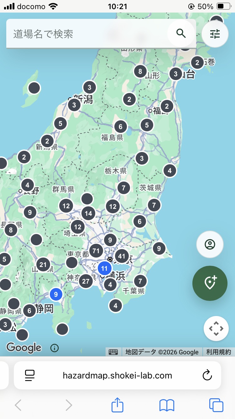 iPhone SEで全国の弓道場分布を地図表示している画面